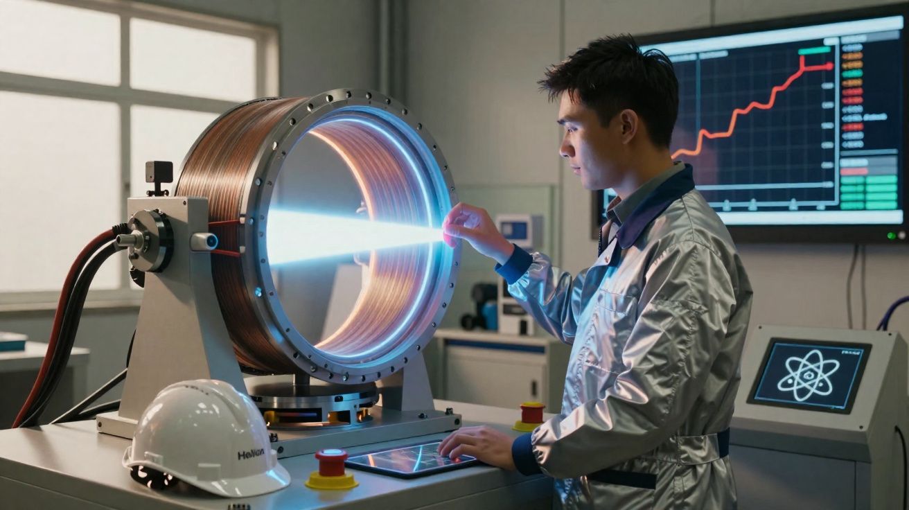 Cientista operando equipamento tecnológico com feixe de luz azul em laboratório moderno.