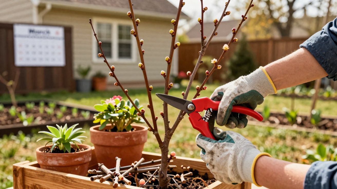Pessoa podando ramo de planta em vaso de madeira em jardim durante dia ensolarado.