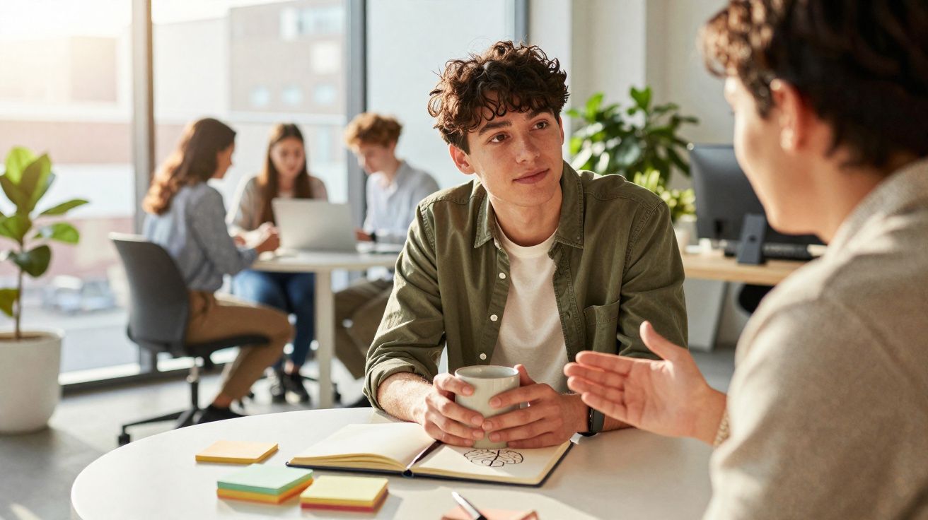 Jovem conversa com colega em mesa de escritório, com grupo trabalhando ao fundo e luz natural entrando.