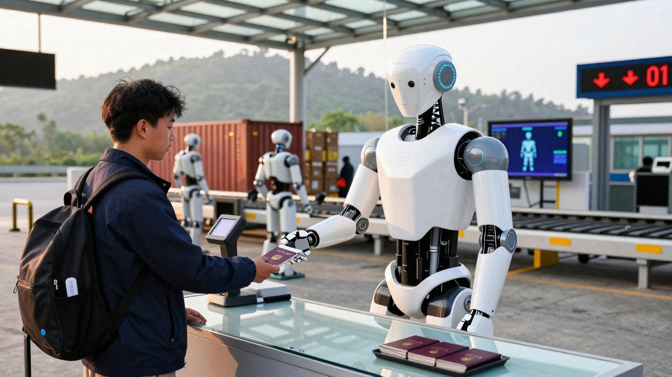 Homem entrega passaporte para robô em área de controle de segurança futurista ao ar livre.
