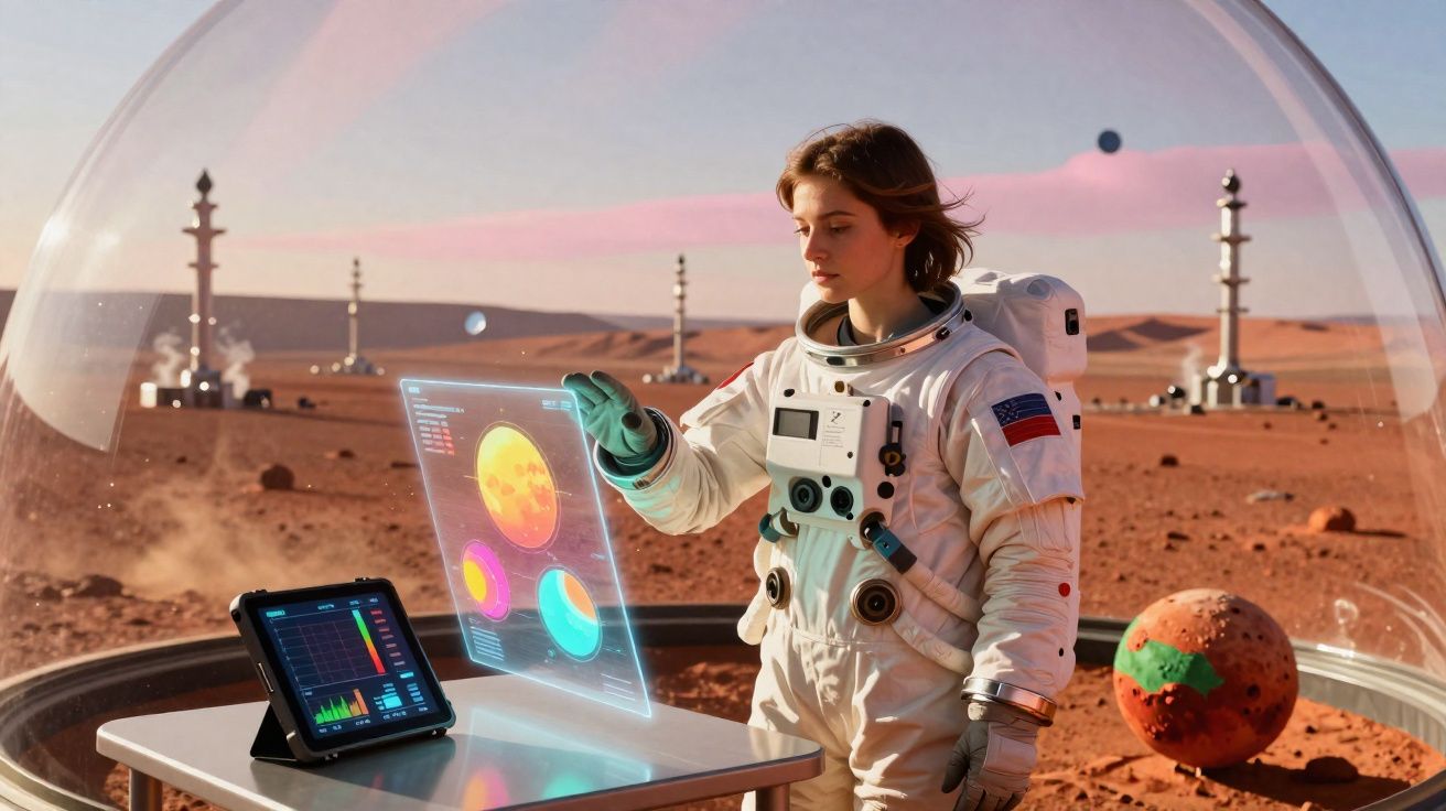 Astronauta feminina interage com holograma dentro de cúpula em ambiente marciano desértico.