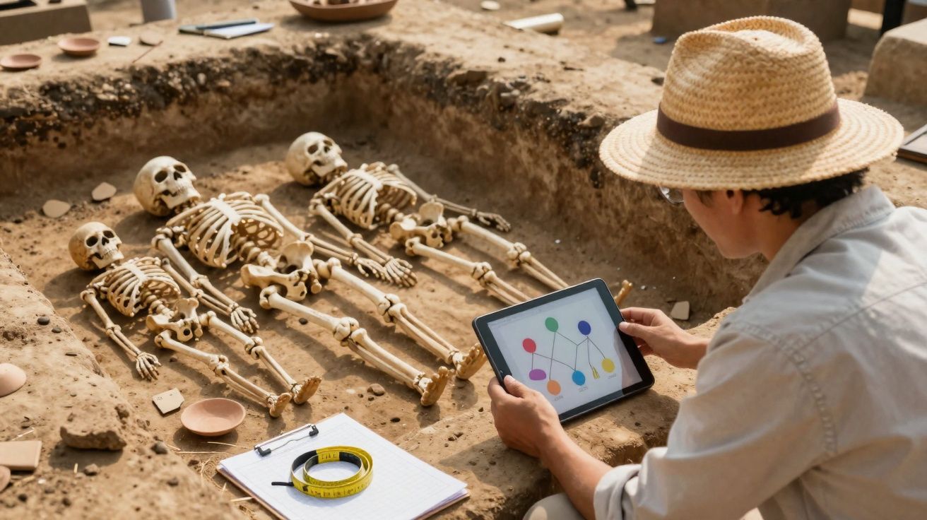 Arqueólogo com chapéu em escavação examina tablet ao lado de três esqueletos humanos enterrados.