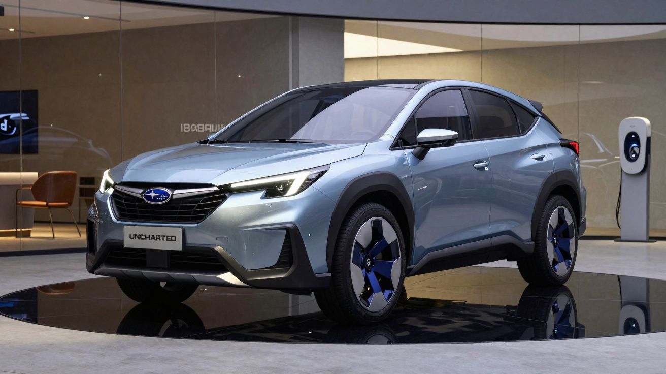 Carro SUV elétrico Subaru Uncharted prata em exposição, com carregador ao fundo em ambiente moderno.