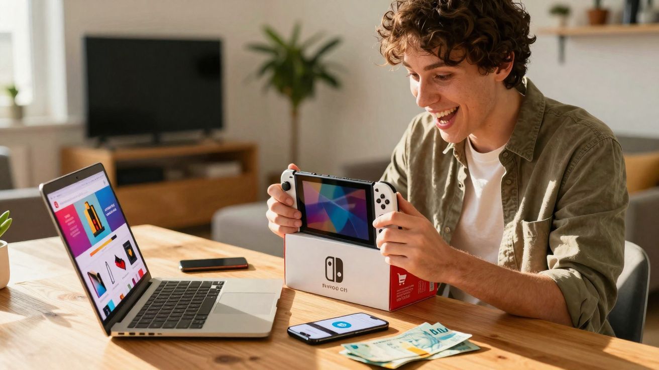 Jovem feliz segurando um console Nintendo Switch ao lado de laptop, celular e notas de dinheiro sobre mesa.
