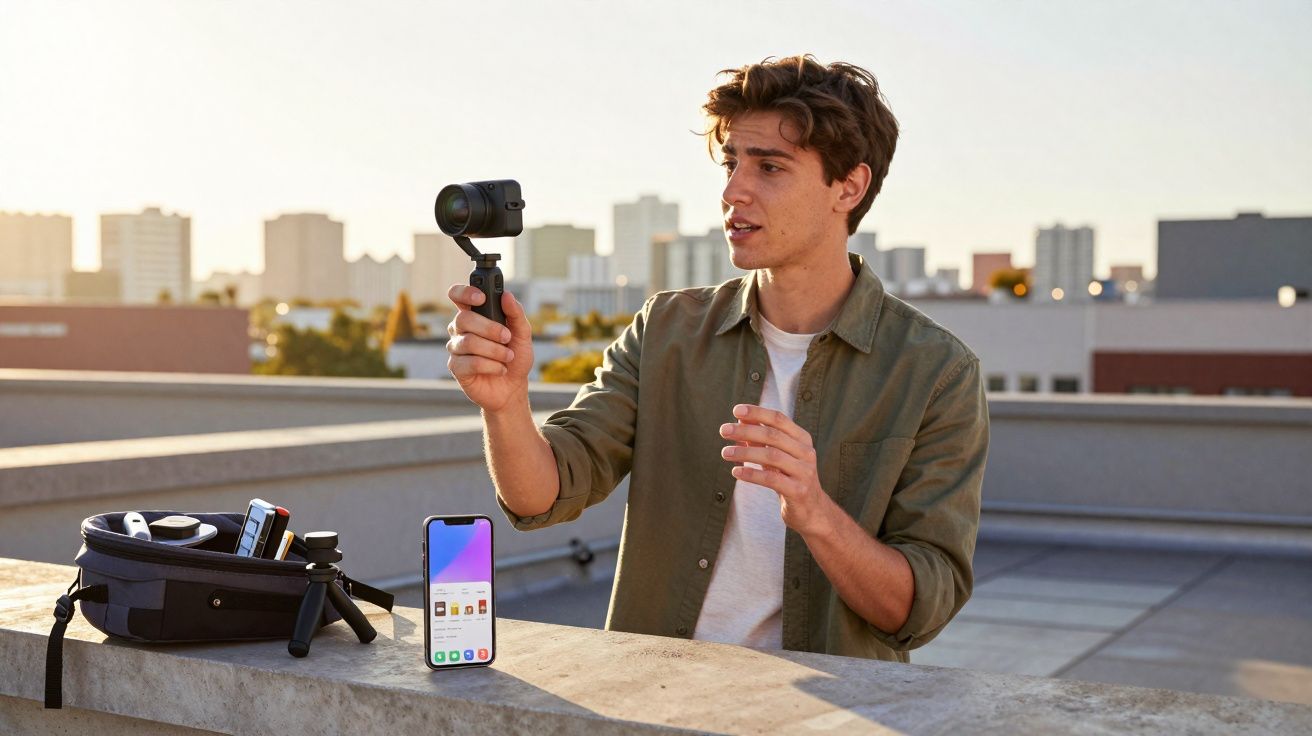 Jovem grava vídeo com câmera portátil em local externo, com celular e bolsa ao lado em superfície de concreto.