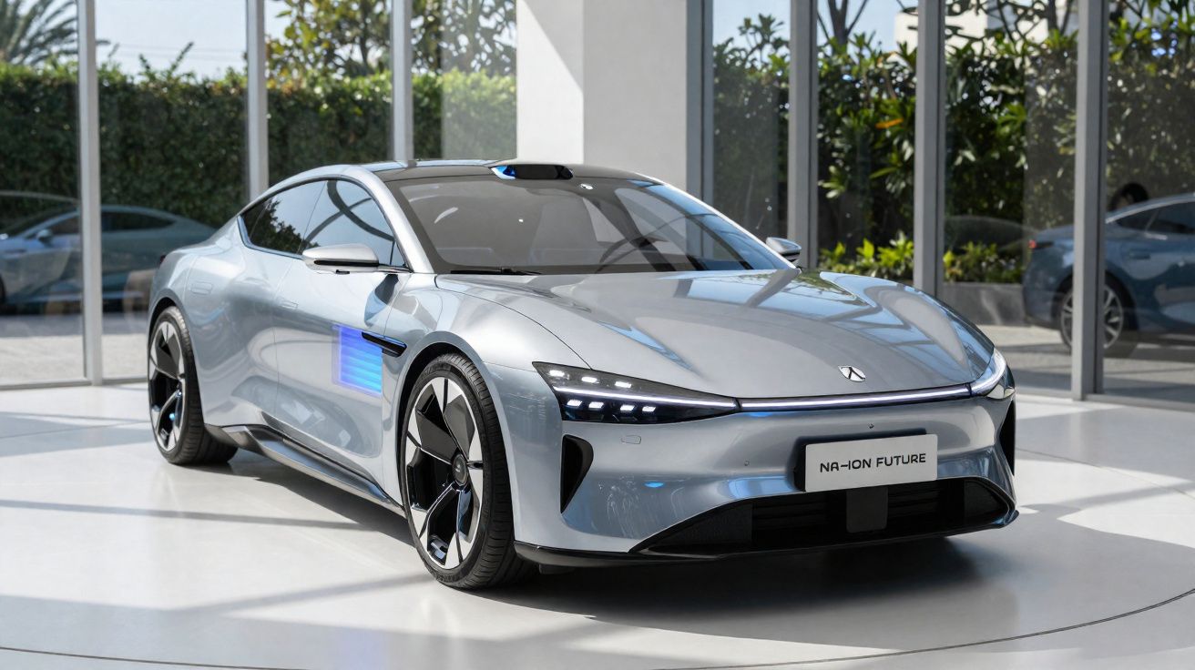 Carro elétrico prata estacionado em showroom com design futurista e linhas aerodinâmicas.