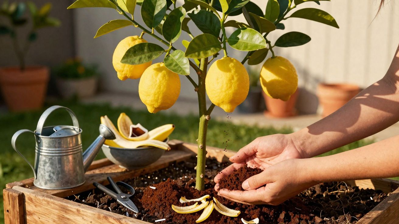 Mãos cuidando de terra em vaso com pequena árvore de limões maduros e ferramentas de jardinagem.