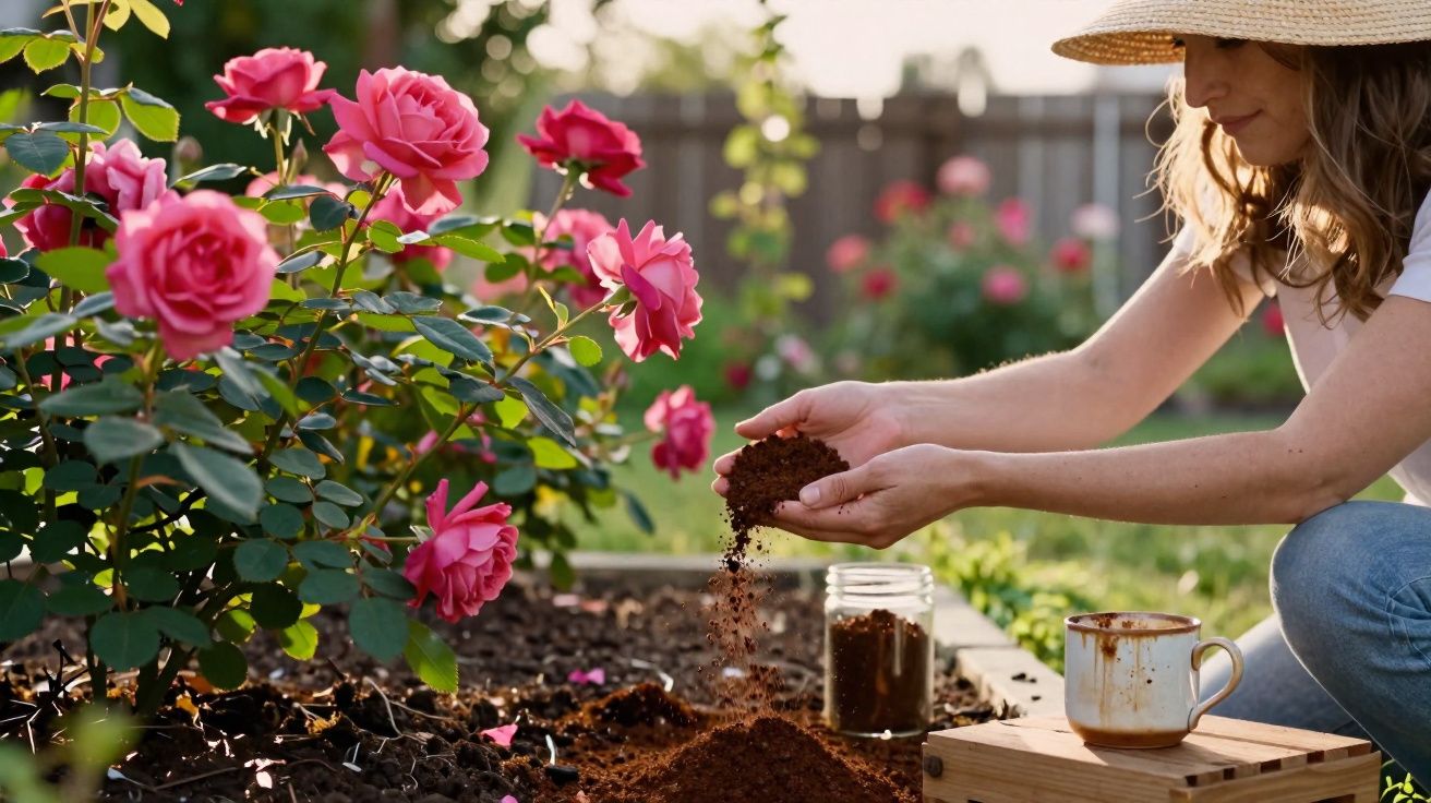 Mulher com chapéu cuidando de rosas vermelhas em jardim, segurando terra para plantar.