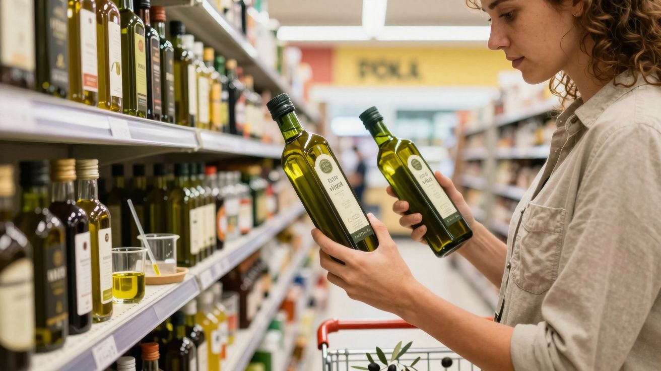 Mulher analisando garrafas de azeite em supermercado, com carrinho de compras ao lado.