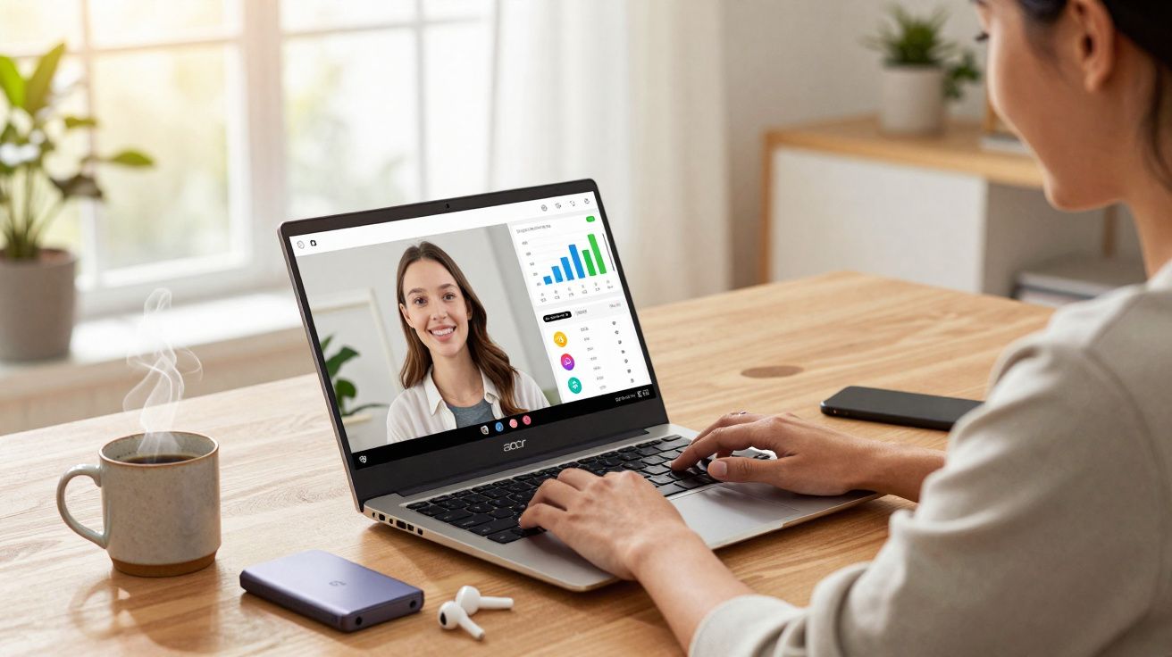 Pessoa participando de videoconferência em laptop sobre mesa de madeira com café e fones sem fio.