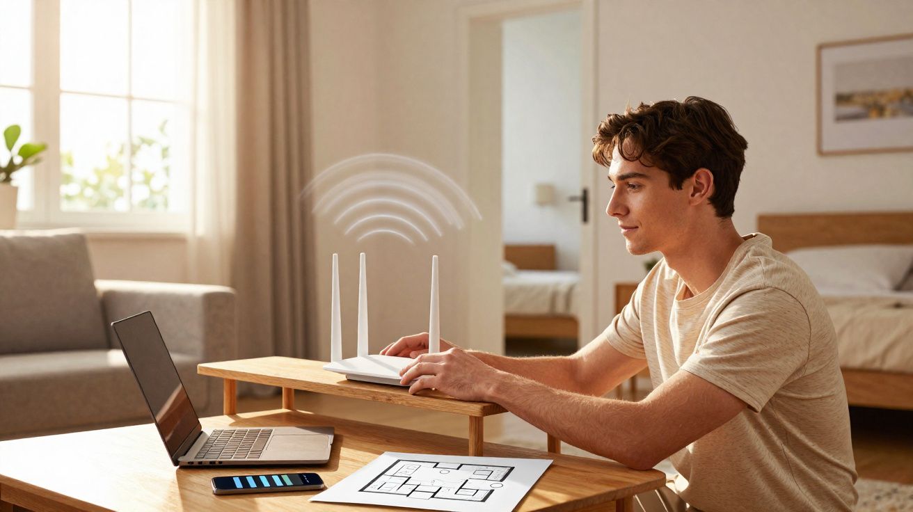 Homem ajusta roteador Wi-Fi enquanto usa laptop e smartphone em ambiente residencial.