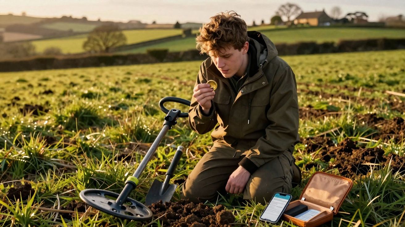 Jovem ajoelhado em campo examina moeda dourada, com detector de metais, pá, celular e caixa de achados ao lado.