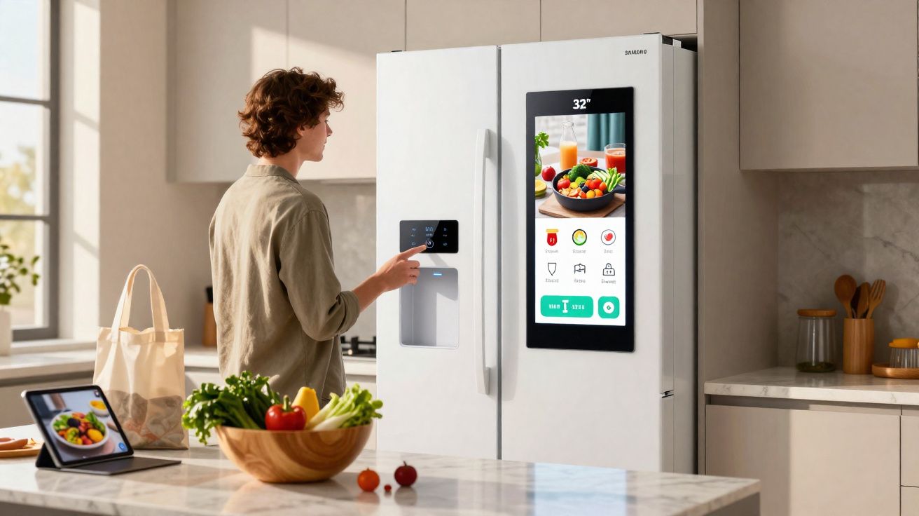 Pessoa usando geladeira branca com tela digital na cozinha moderna iluminada, com frigobar e bancada com frutas.