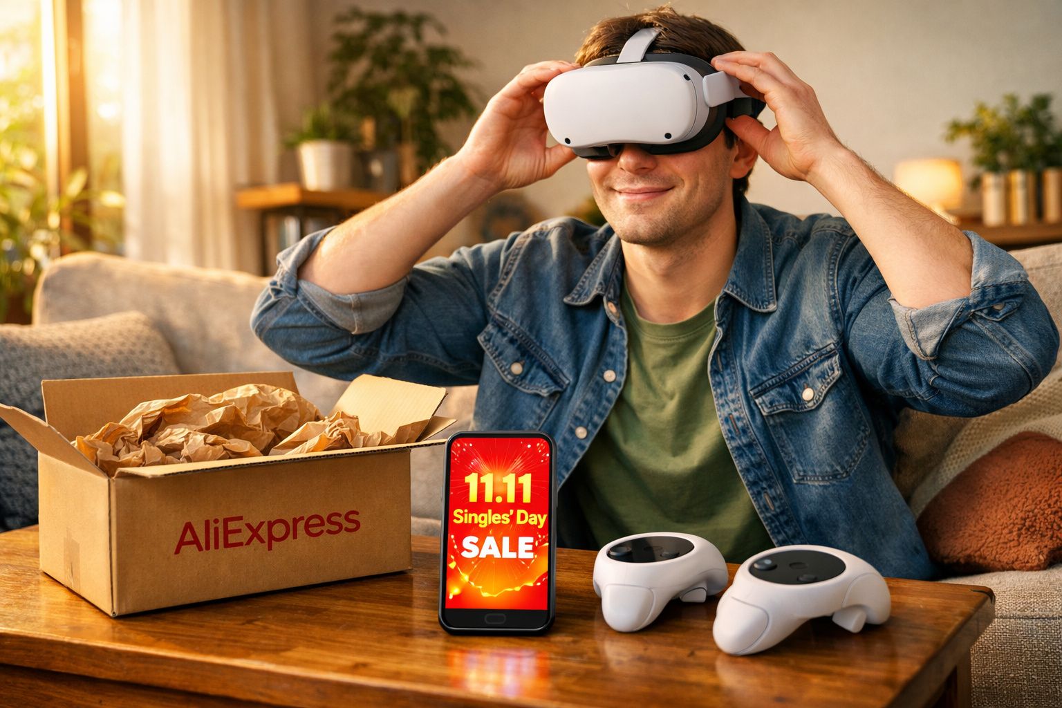 Homem usando óculos de realidade virtual ao lado de controle, caixa AliExpress e celular com promoção 11.11.