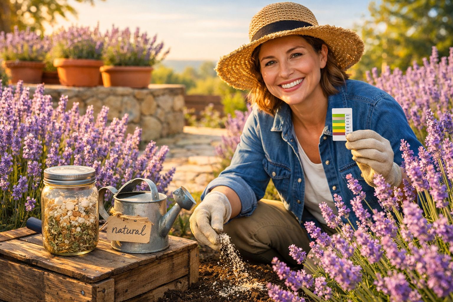 Mulher sorridente em chapéu cuidando de plantas de lavanda em jardim com regador e frasco natural.