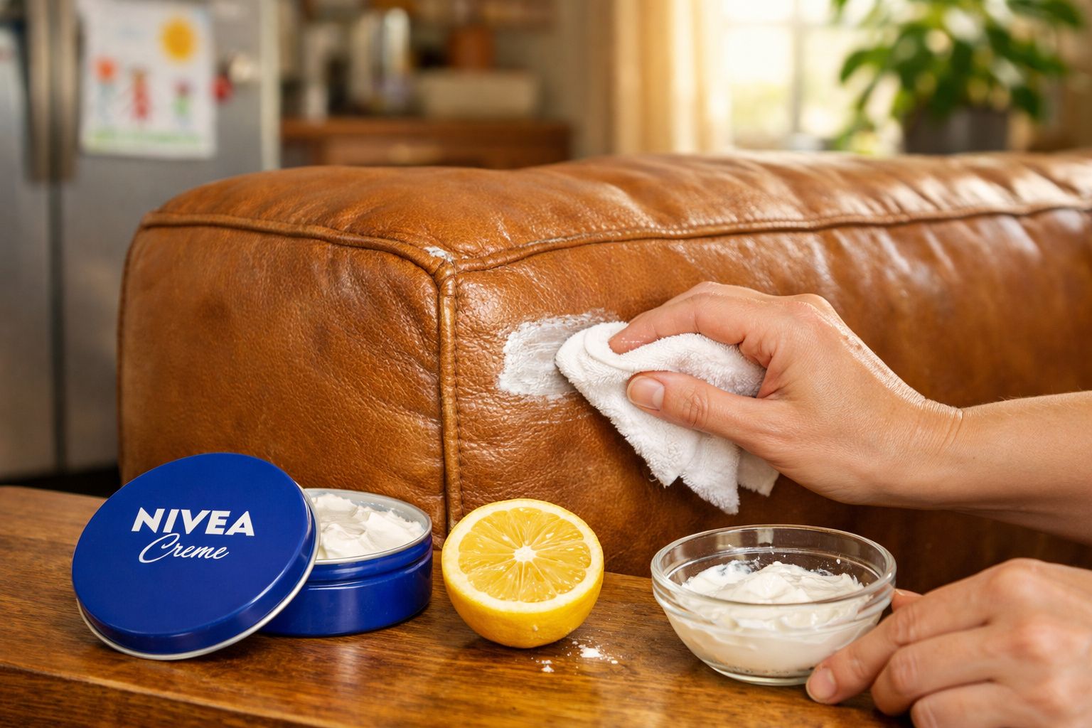 Mão limpando sofá de couro marrom com pano branco e creme Nivea, ao lado de meio limão cortado e tigela com creme.