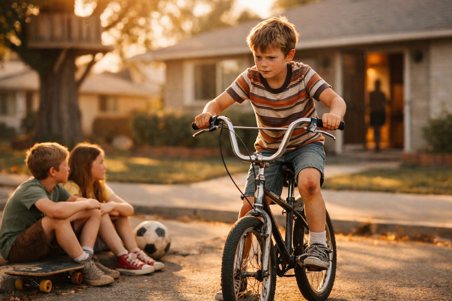 Criança pedalando bicicleta na rua ao entardecer enquanto duas crianças observam sentadas no chão com bola e skate.