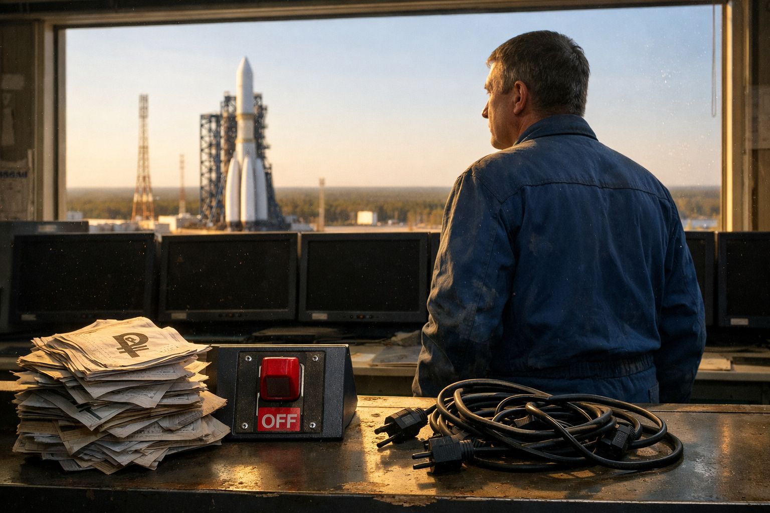 Homem em macacão azul observa foguete na plataforma de lançamento através de janela com equipamentos ao redor.