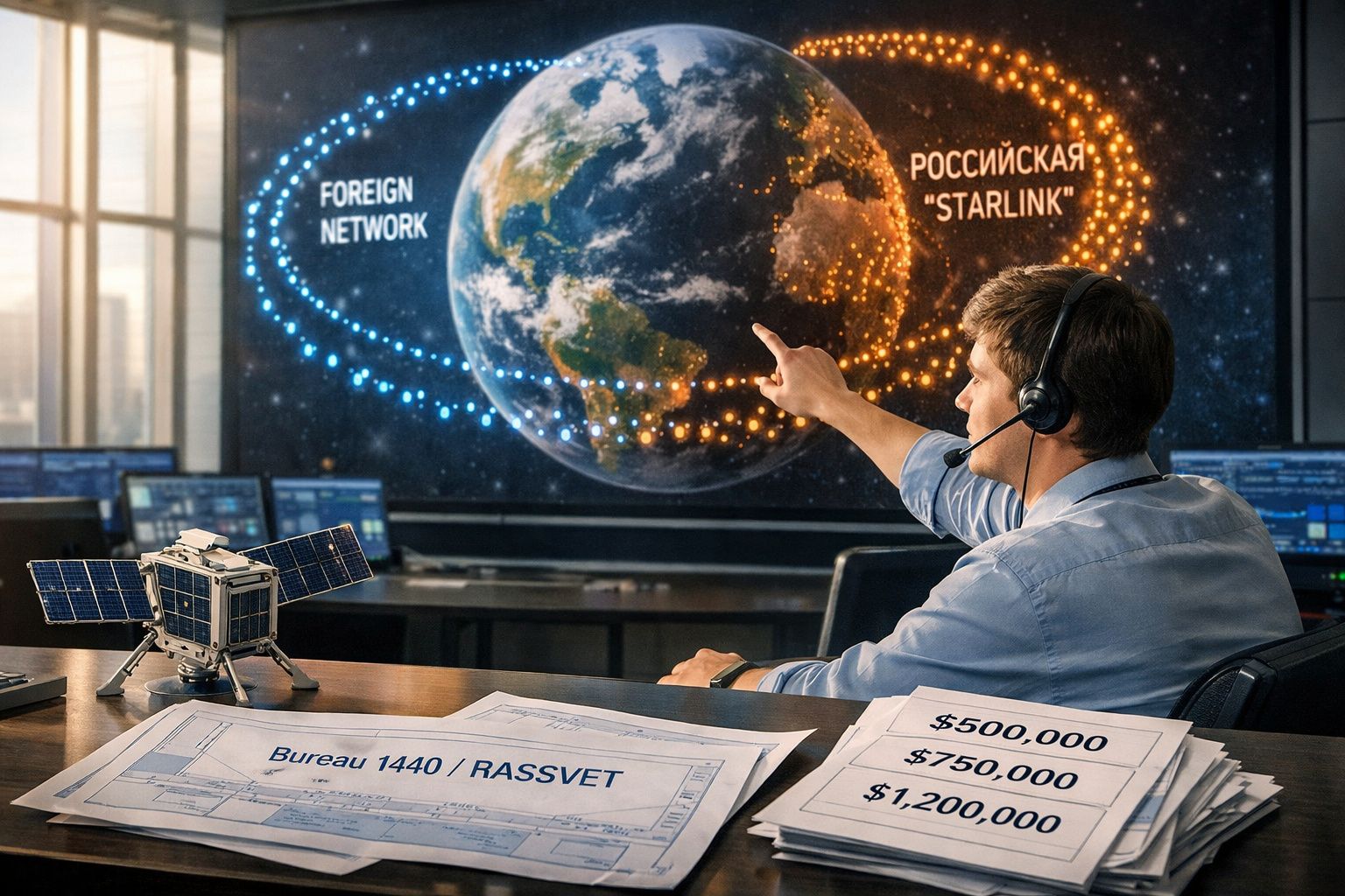 Homem apontando para mapa da Terra com satélites Starlink em escritório com maquete e documentos.