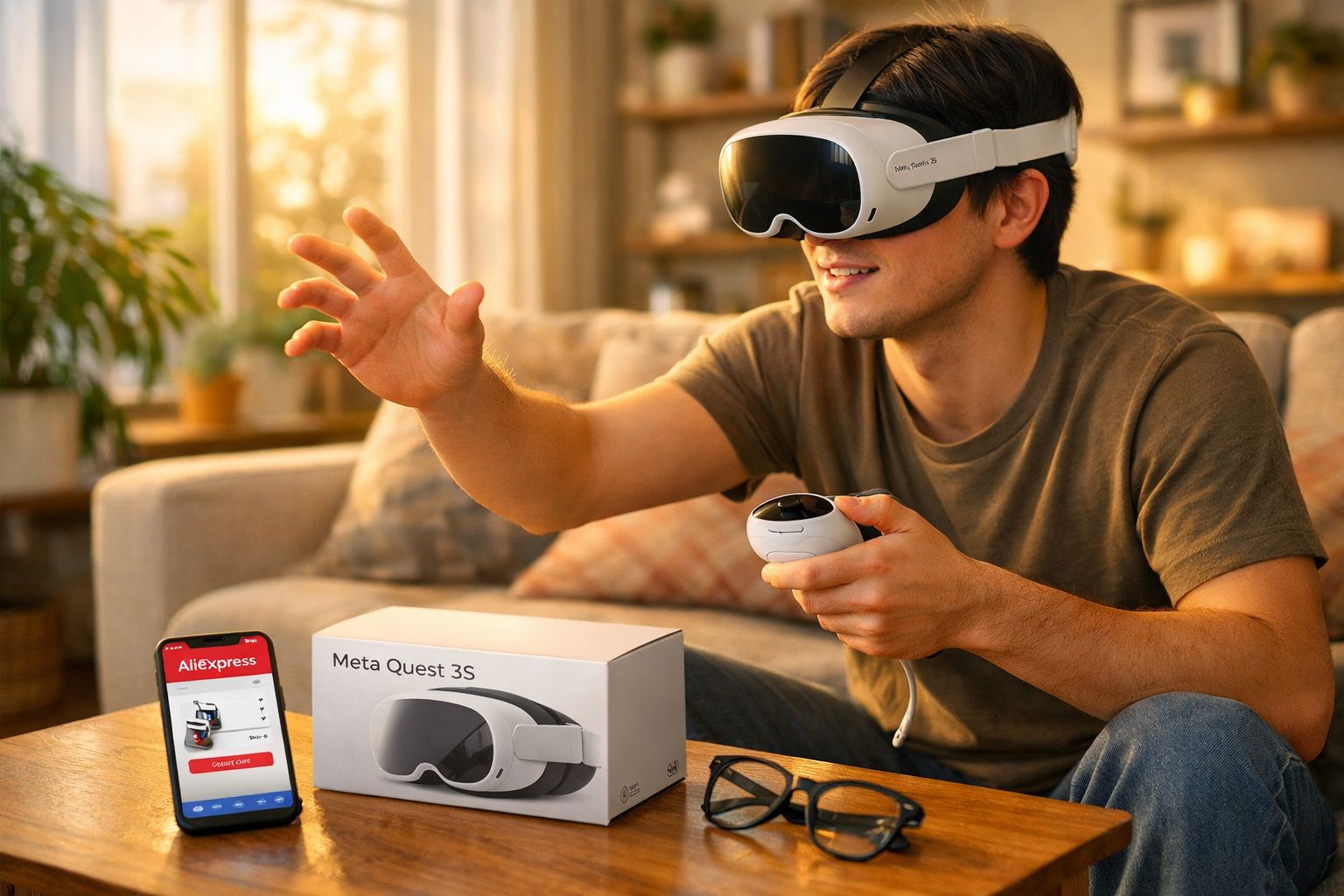 Jovem usando óculos de realidade virtual Meta Quest 3S sentado em sala com controle na mão.