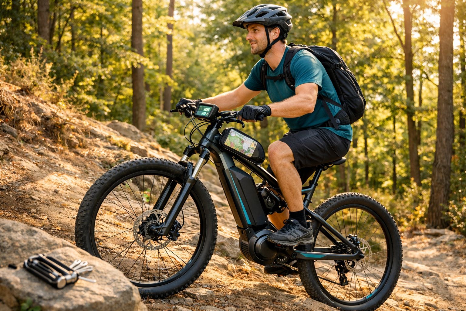 Homem com capacete e mochila andando de bicicleta elétrica em trilha de floresta ao entardecer.
