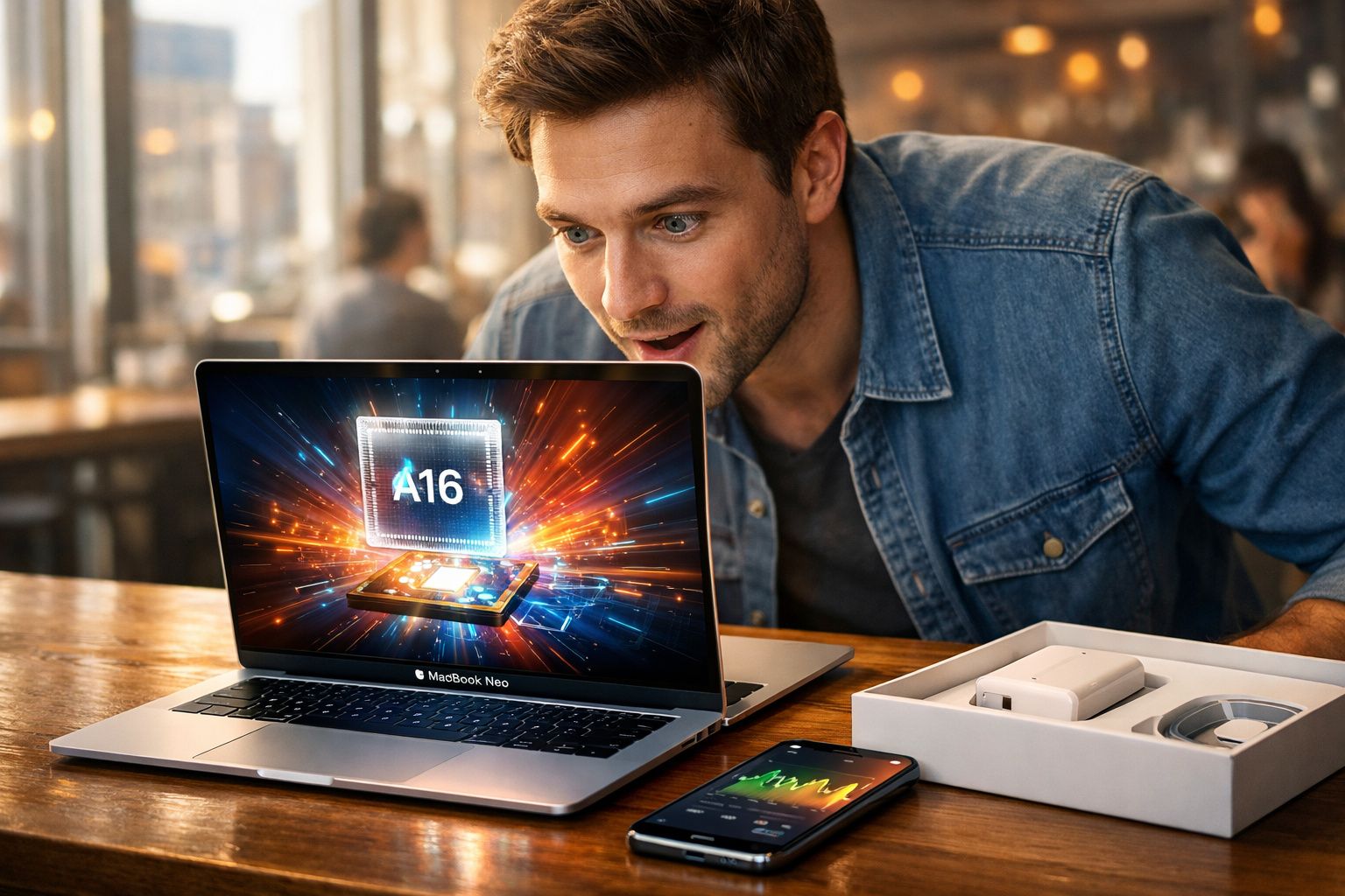 Homem animado olhando para tela de MacBook Neo que exibe chip A16 em gráfico digital.