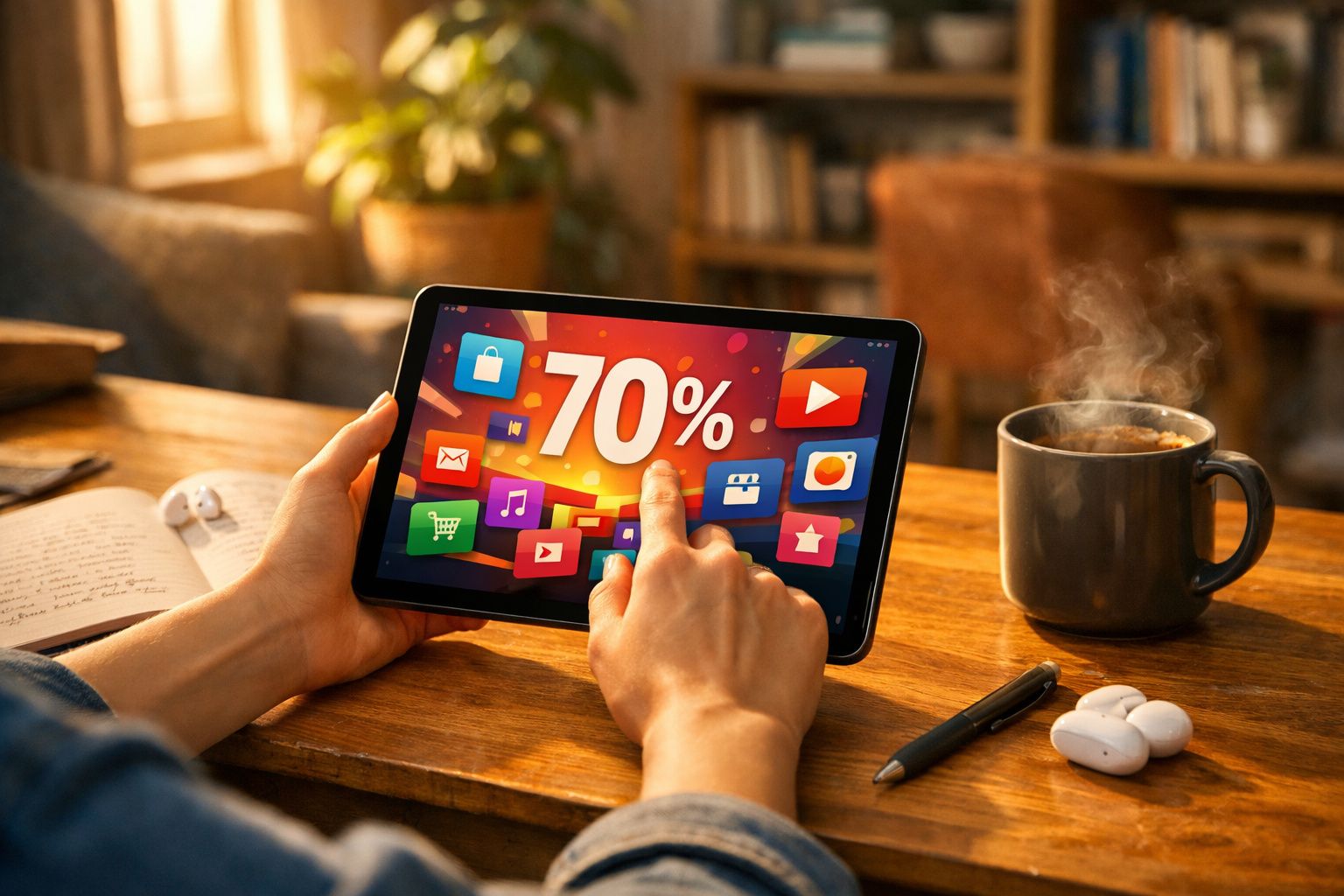 Pessoa usando tablet com promoção de 70% e xícara de café fumegante em mesa de madeira.