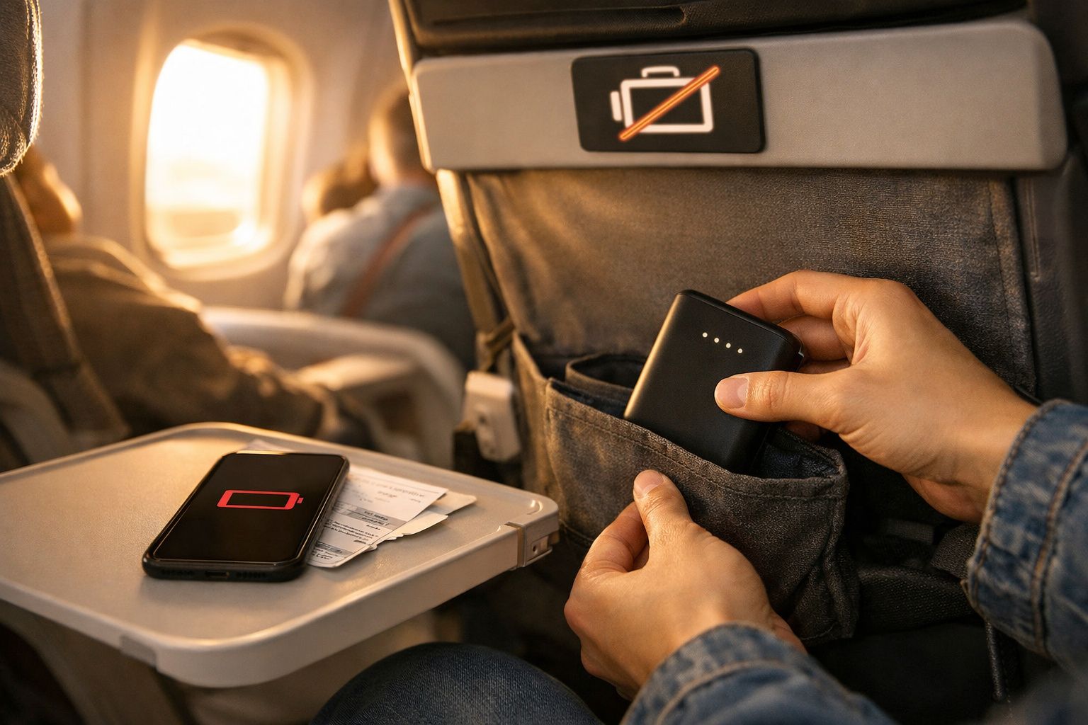 Pessoa guardando power bank no bolso do assento em avião com celular descarregado na bandeja.