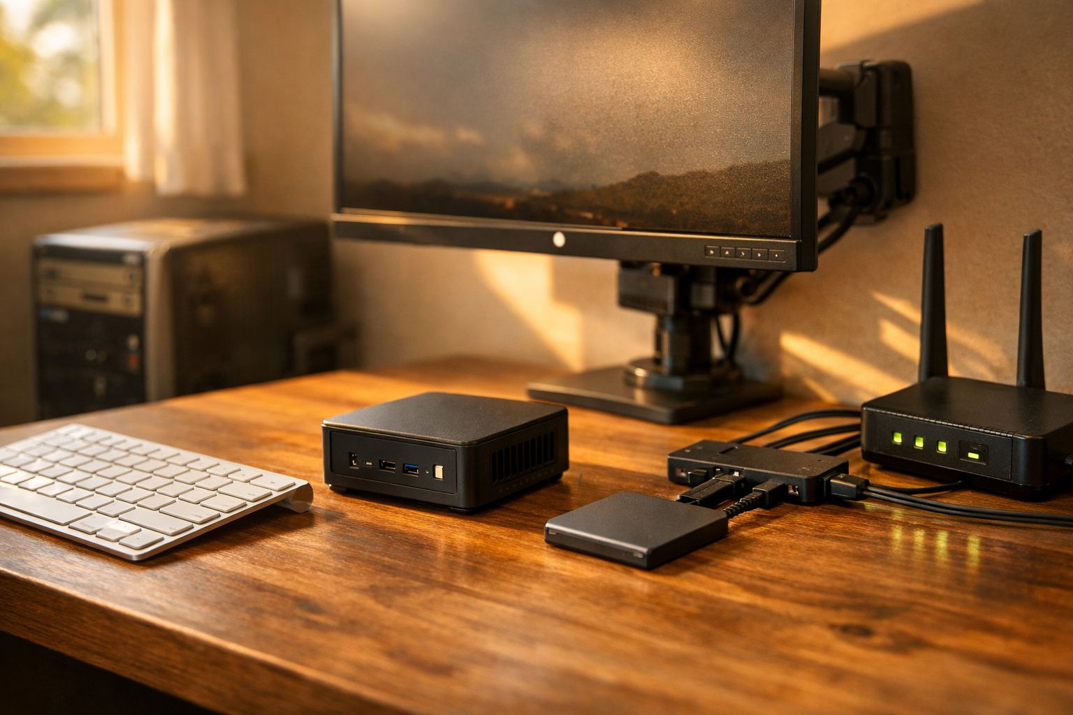 Área de trabalho com teclado, mini PC, monitor, HD externo e roteador em superfície de madeira.