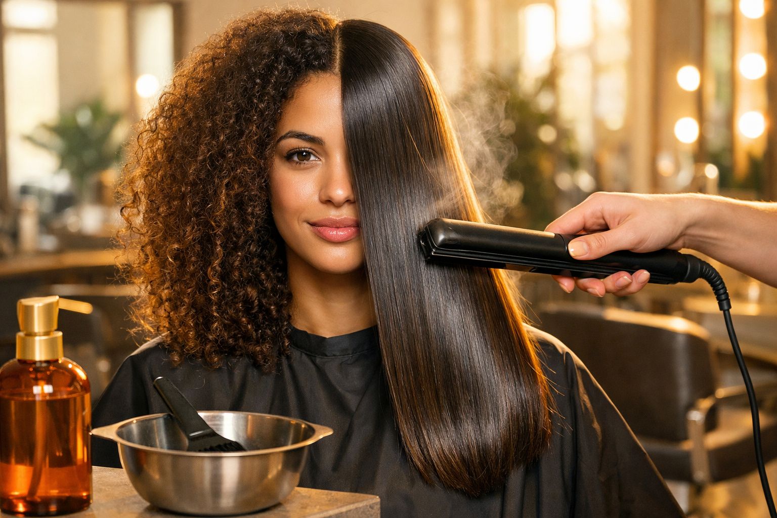 Mulher com cabelo metade cacheado e metade liso sendo alisado com prancha em salão de beleza.