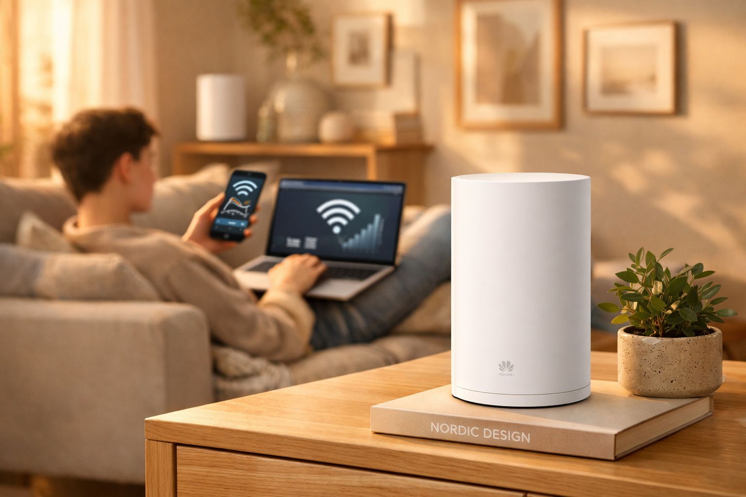Roteador branco em uma mesa com planta ao lado e pessoa usando laptop e celular no sofá ao fundo.