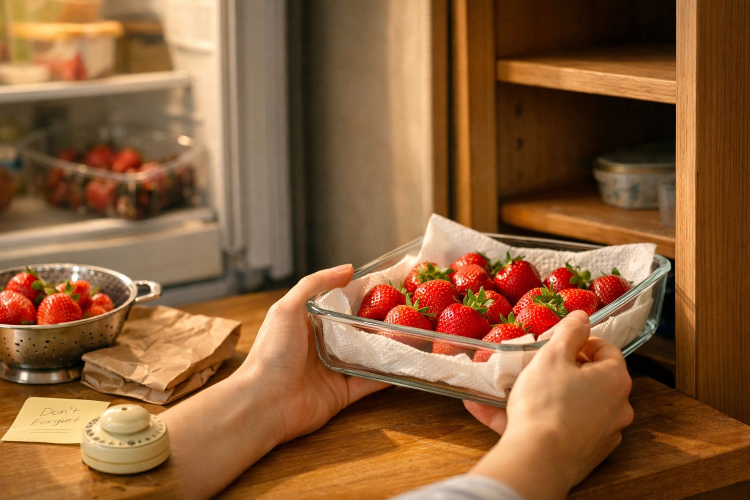 Mãos guardando morangos frescos em recipiente de vidro sobre bancada de madeira próxima a geladeira aberta.