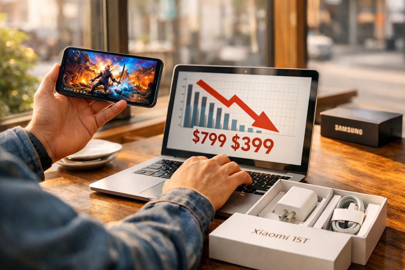 Pessoa segurando celular com jogo aberto e olhando notebook mostrando queda de preço de US$799 para US$399.