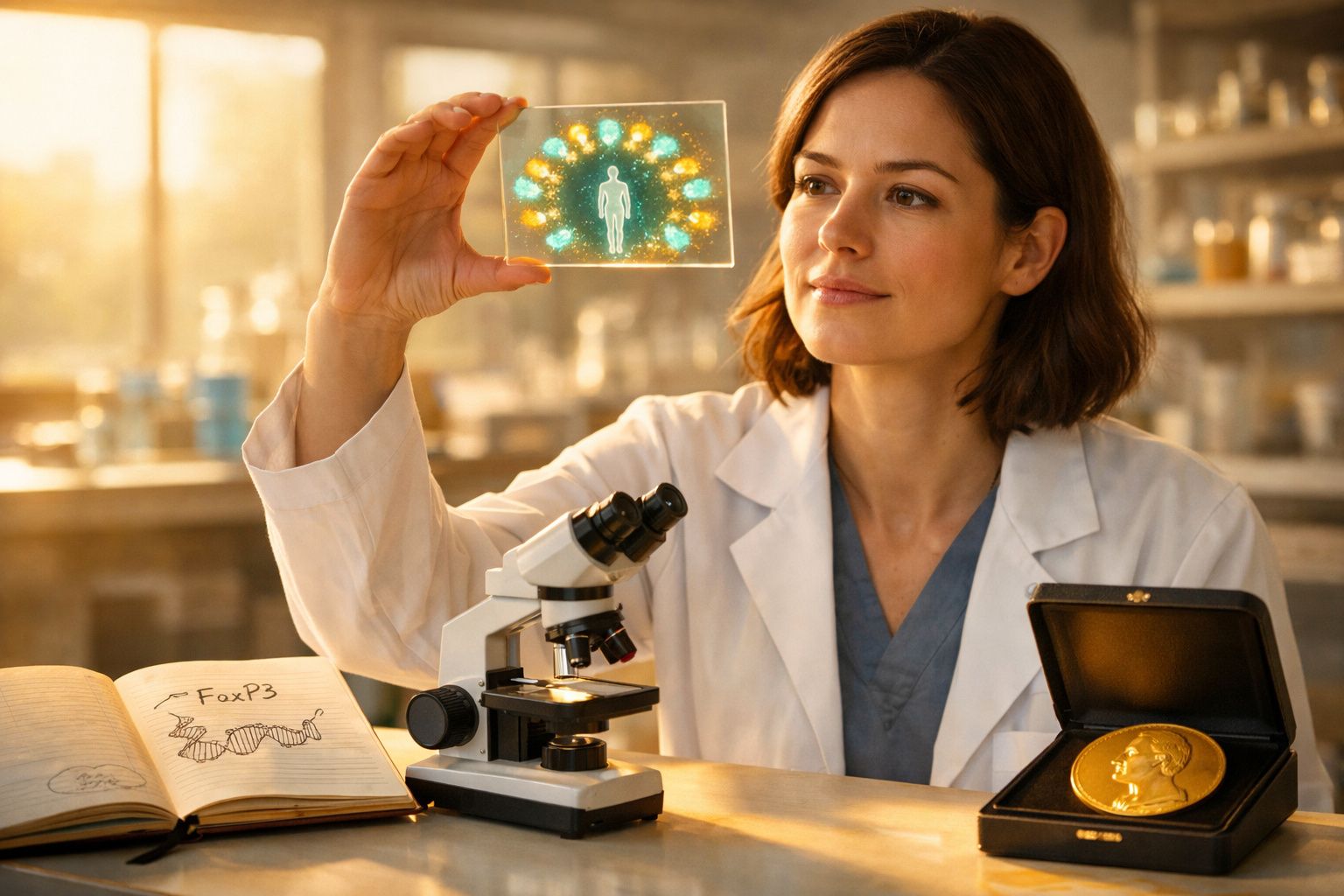 Mulher cientista analisa holograma de vírus em laboratório com microscópio e medalha dourada sobre a mesa.