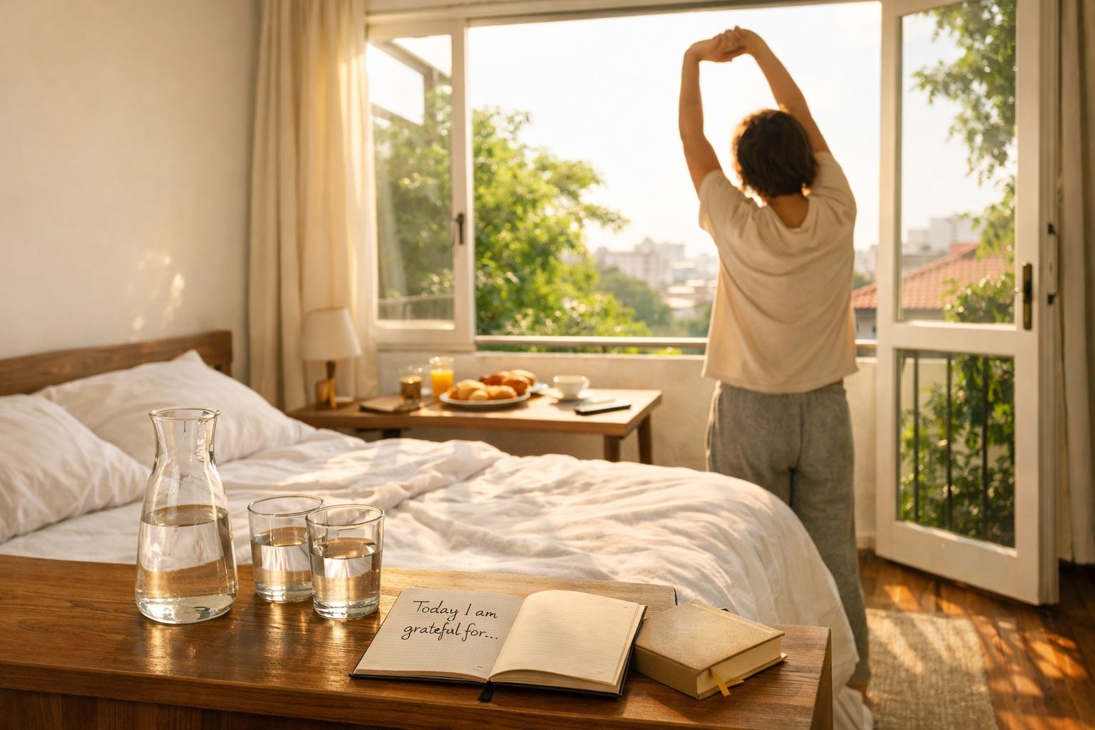 Pessoa se espreguiça de costas perto de janela aberta em quarto iluminado com cama e café da manhã.