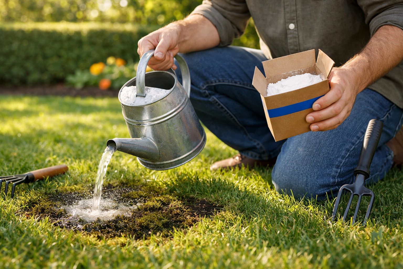 Pessoa regando um buraco no gramado com regador metálico, segurando embalagem de fertilizante branco.