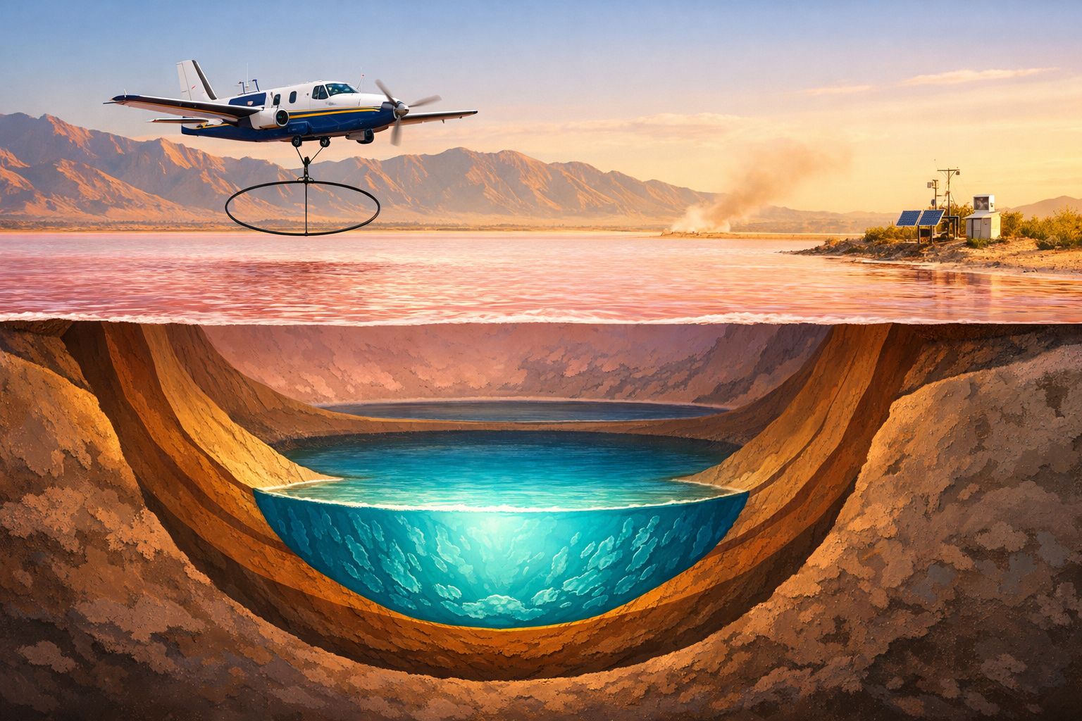 Avião coletando água de superfície de um lago com reservatório subterrâneo visível abaixo.