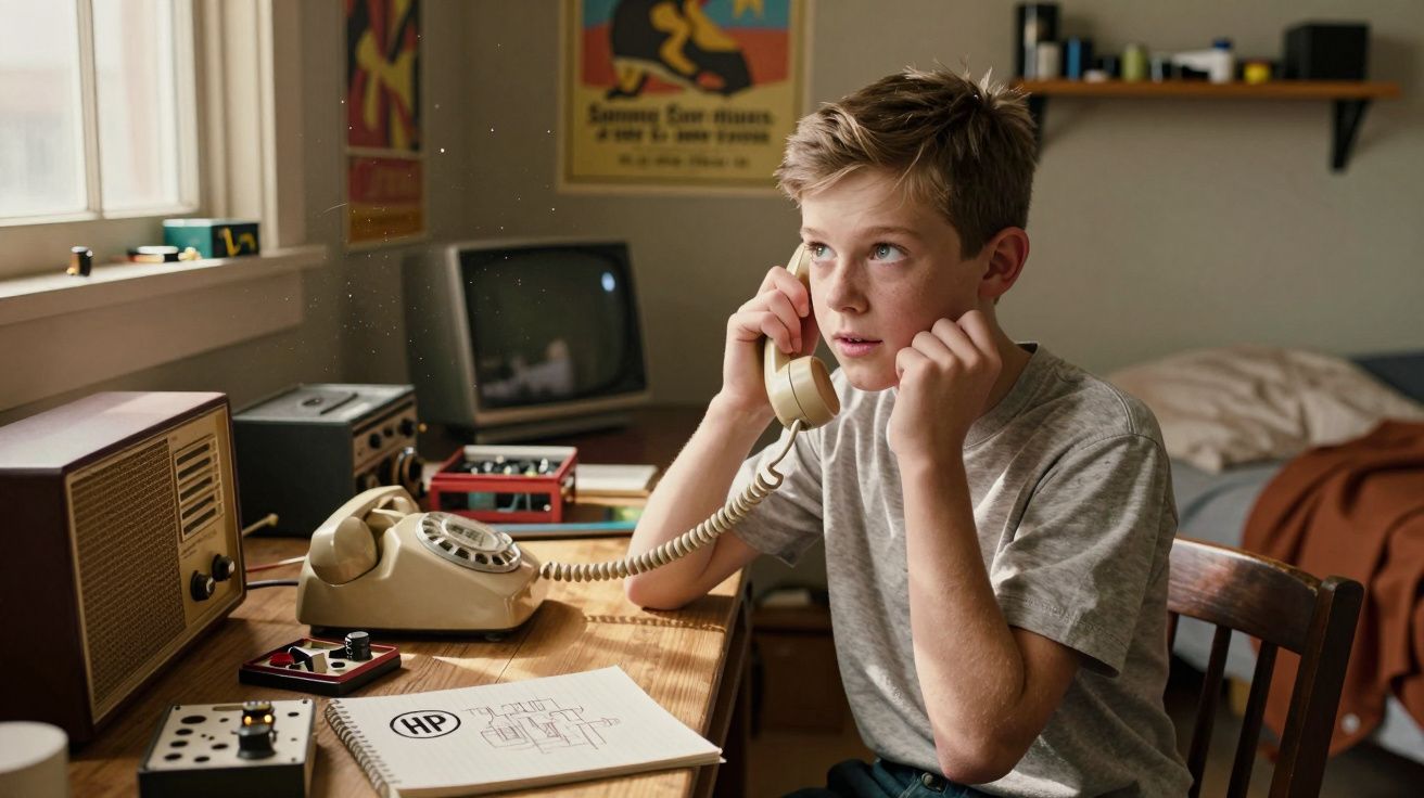 Garoto loiro ao telefone fixo antigo sentado à mesa com rádio, TV e desenhos técnicos em quarto iluminado pela janela.