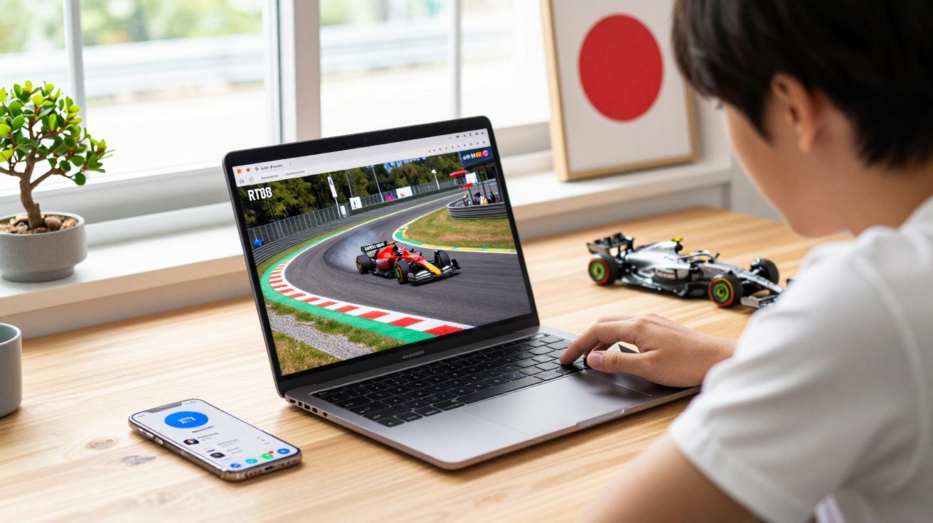 Pessoa assistindo corrida de Fórmula 1 no laptop em mesa com celular e miniatura de carro de corrida.