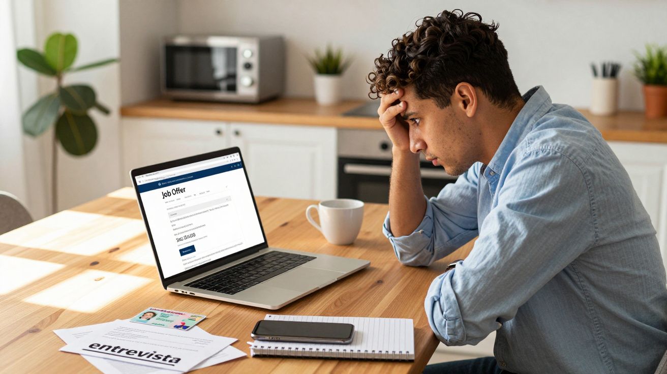 Jovem preocupado lendo oferta de emprego no laptop, com documentos e celular na mesa da cozinha.