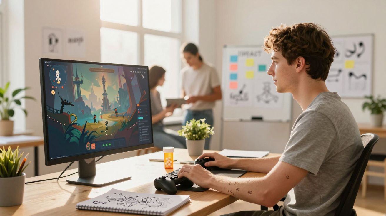 Jovem jogando videogame no computador enquanto outras duas pessoas conversam ao fundo em ambiente de escritório.