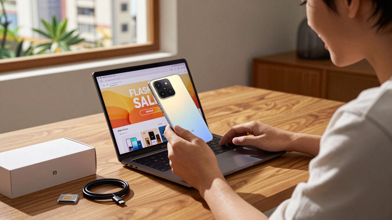 Pessoa segurando smartphone prata em frente a notebook com site de promoção aberto em mesa de madeira.