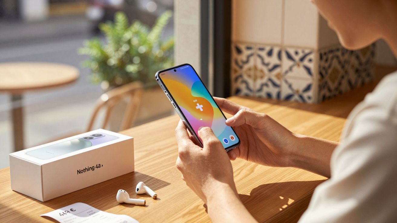 Pessoa segurando smartphone Nothing 4 com caixa, fones sem fio e nota sobre mesa de madeira clara.