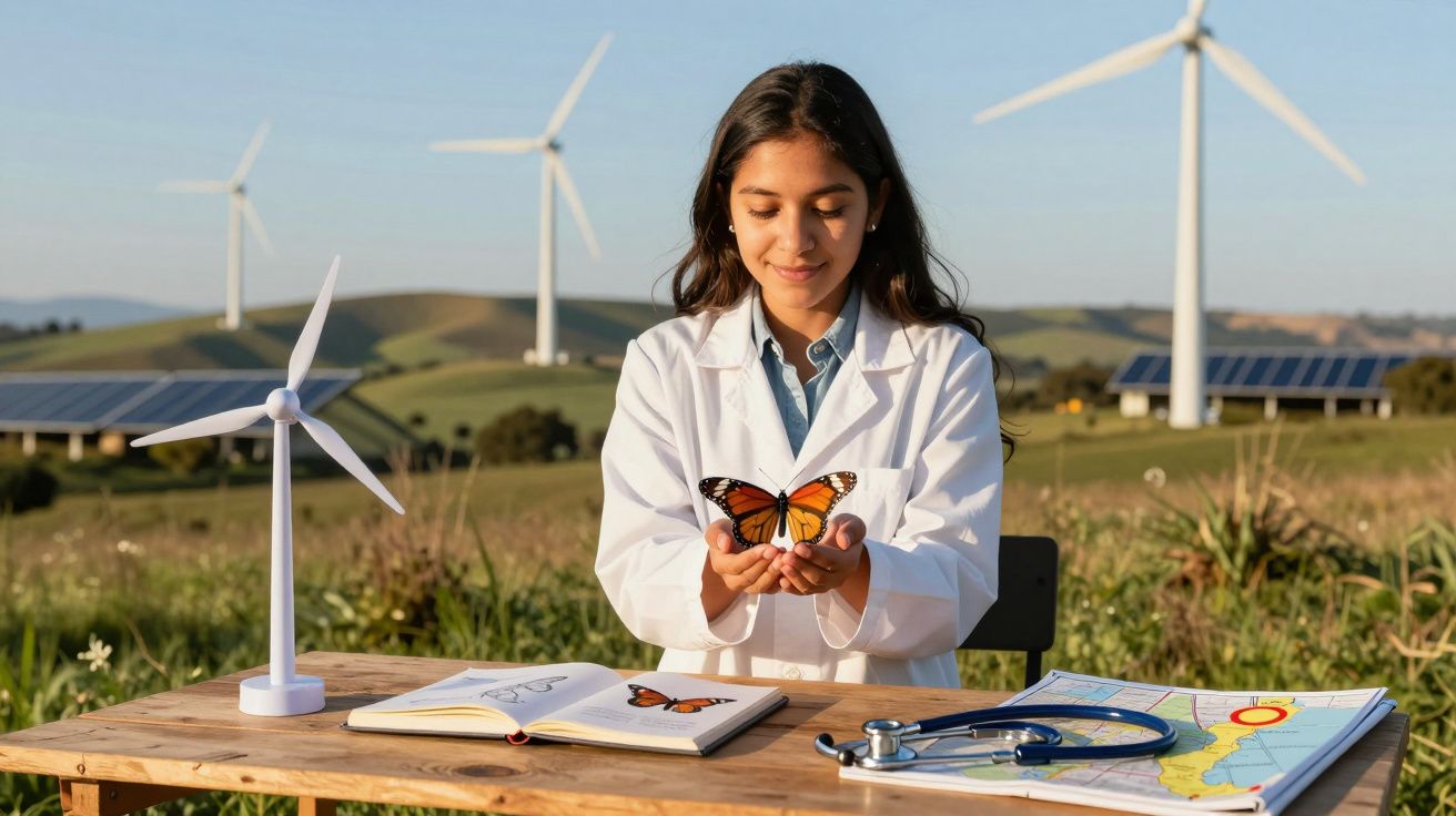 Jovem cientista segura borboleta em mãos com turbinas eólicas e painéis solares ao fundo.