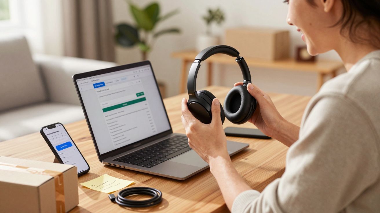 Pessoa segurando fones de ouvido perto de laptop e celular em mesa de trabalho doméstico organizada.