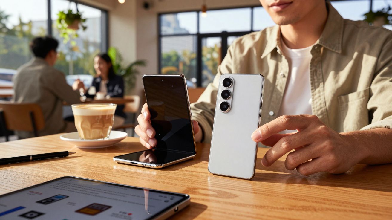 Pessoa mostrando smartphone dobrável aberto e outro branco sobre mesa de madeira em cafeteria.