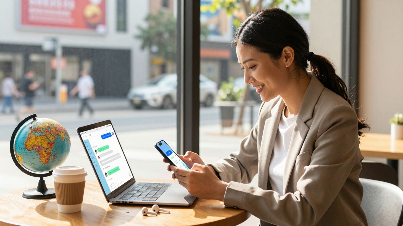 Mulher sorridente usando celular sentada à mesa com laptop, café e globo em ambiente com luz natural.