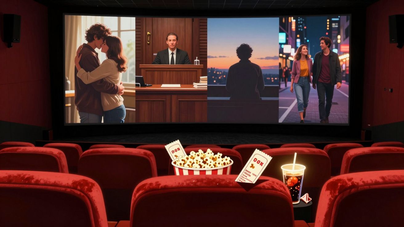 Sala de cinema com poltronas vermelhas, balde de pipoca, refrigerante e telão exibindo cenas de filme.