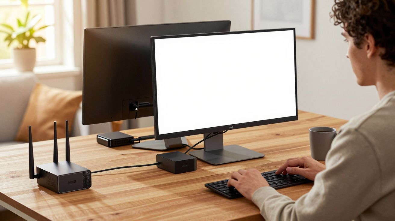 Pessoa usando teclado e monitor com tela branca em mesa de madeira com roteador e mini PC.