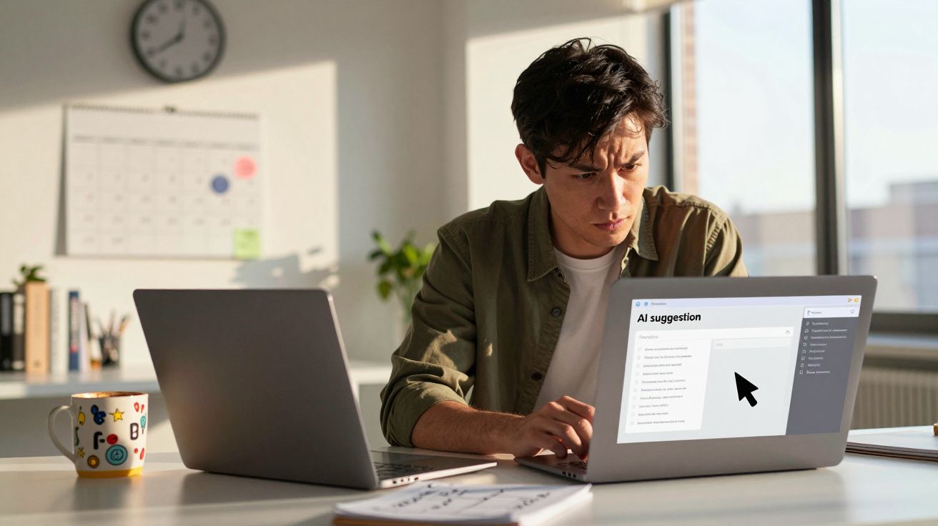 Homem concentrado usando laptop com sugestão de IA, em ambiente de escritório iluminado pelo sol.